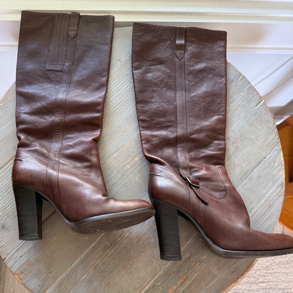 J.Crew Brown Leather Tall Block Heel Equestrian Boots Made in Italy Size 7 EUC
